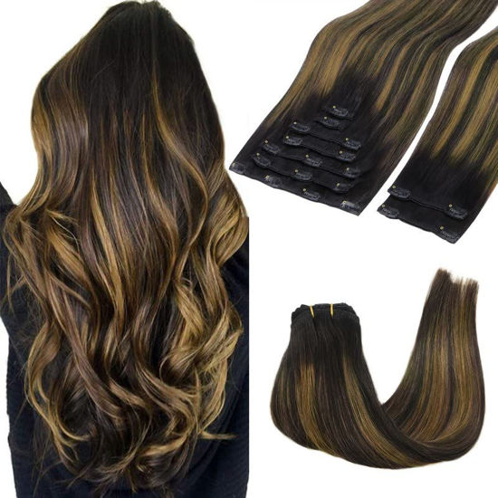 Picture of GOO GOO Clip-in Hair Extensions for Women, Soft & Natural, Handmade Real Human Hair Extensions, Natural Black Mixed Chestnut Brown, Long, Straight #(T1B/6) P1B, 9pcs 150g 16inch