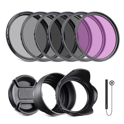 Picture of NEEWER 58mm ND2 ND4 ND8 UV CPL FLD Filter and Lens Accessories Kit with Snap on Lens Cap, Tulip Shaped Lens Hood, Collapsible Rubber Lens Hood, Filter Pouch, Safety Tether and Cleaning Cloth