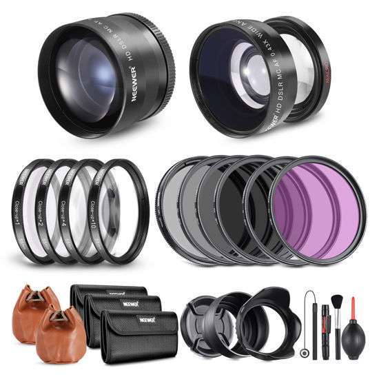 Picture of NEEWER 55mm Lens and Filter Set: Wide Angle/2.2X Telephoto Additional Lens for 18mm-85mm APS-C Lens, (+1+2+4+10) Close Up Macro/ND/UV/CPL/FLD Filters for Camera Lens with ⌀55mm Thread