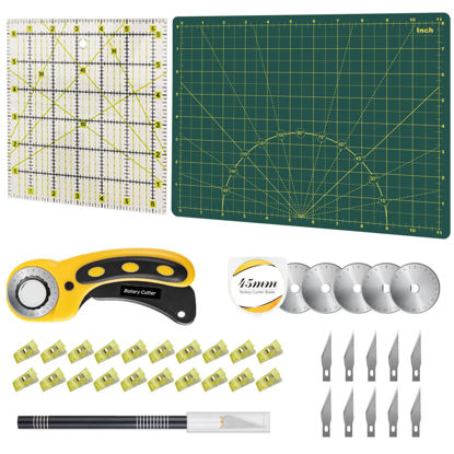 Picture of 39 Pcs Rotary Cutter Set - Quilting Kit incl. 45mm Fabric Cutter, 5 Extra Rotary Blades, A4 Cutting Mat, Craft Knife Set, Quilting Ruler and Sewing Clips, Ideal for Crafting, Sewing, Patchworking