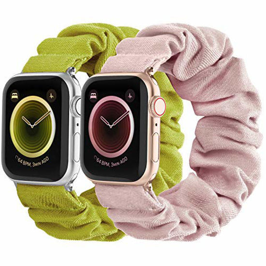 Picture of Compatible with Scrunchies Apple Watch Bands 38mm 40mm, Women Cloth Pattern Printed Fabric Wristbands Straps Elastic Scrunchy Band for iWatch Series 6 5 4 3 2 1 SE (Small Yellow-Green, Pink)