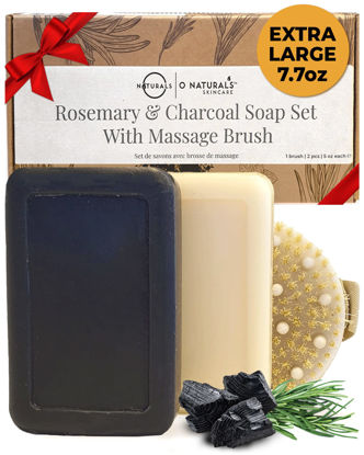 Picture of Gift Set for Women - Dry Brushing Body Brush, Coconut Charcoal & Rosemary Peppermint Body Soap Bars - Exfoliating Brush & 5oz Soap Bars with Essential Oils - Birthday Gifts for Women