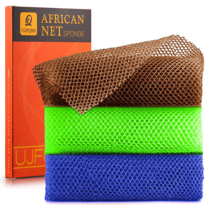 Picture of 3 Pieces African Bath Sponge African Net Long Net Bath Sponge Exfoliating Shower Body Scrubber Back Scrubber Skin Smoother,Great for Daily Use (Brown、Blue、Green)