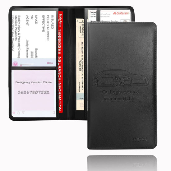 Picture of Car Registration and Insurance Card Holder - Leather Vehicle Glove Box Automobile Documents Paperwork Wallet Case Organizer for ID, Driver's License, Key Contact Information Cards - Men&Women