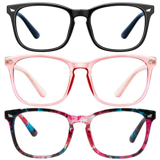 Picture of hunsquer Blue Light Blocking Glasses - Women/Men 3Pack Computer Reading Gaming Anti Eyestrain Blue Light Glasses Non Prescription (8068 3pack black+pink+baohua)