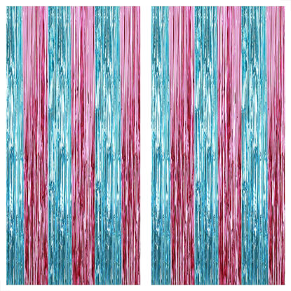 Picture of XtraLarge, Blue and Pink Fringe Backdrop - 6.4x8 Feet, Pack of 2 Gender Reveal Boy or Girl Pink and Blue He or She Decorations