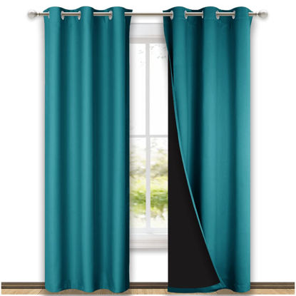 Picture of NICETOWN Peacock Teal Blackout Curtains 84 inches Long, Full Light Blocking Drapes with Black Liner for Nursery, Thermal Insulated Draperies for Hall, Villa (2 Pieces, 42" Wide Each Panel)