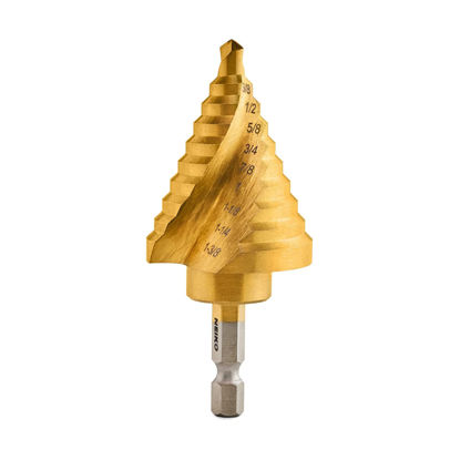 Picture of NEIKO 10174A Quick Change Spiral Grooved Step Drill Bit | 10 Step Drill Bit Sizes in One - 1/4" to 1-3/8" | High-Speed Steel and Titanium Nitride Coating | Two-Flute Design