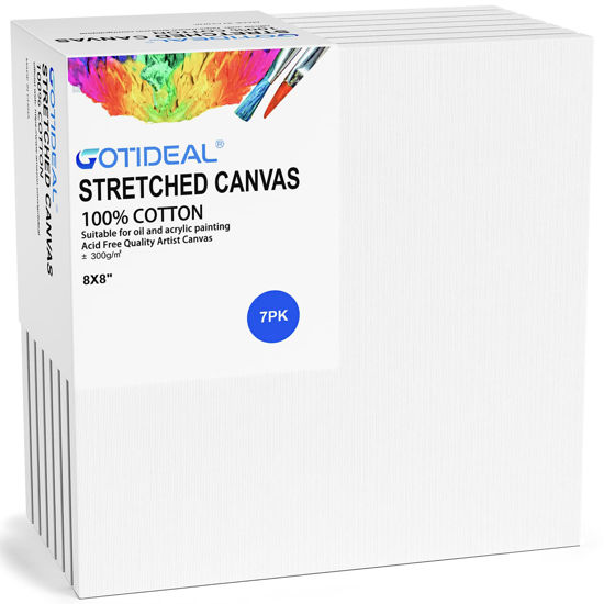 Picture of GOTIDEAL Stretched Canvases for Painting, 8x8" Inch Set of 7, Primed White - 100% Cotton Blank Art Square Canvas Boards for Painting for Acrylic Pouring, Oil Paint Dry & Wet Art Media