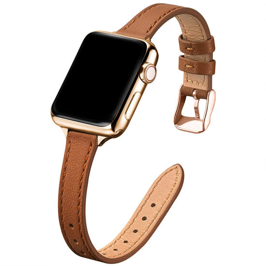 Picture of STIROLL Slim Leather Bands Compatible with Apple Watch Band 38mm 40mm 41mm 42mm 44mm 45mm 49mm,Top Grain Leather Watch Thin Wristband for iWatch Ultra SE Series 8/7/6/5/4/3/2/1(Brown with Gold)