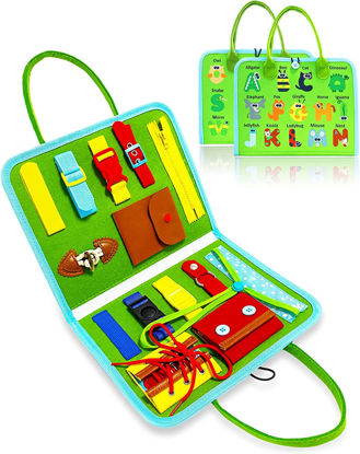 Picture of Gojmzo Busy Board Montessori Toys for 1 2 3 Year Old Boys & Girls Gifts, Sensory Toys for Toddlers 1-3, Autism Educational Travel Toys, Preschool Activities Learning Basic Dress Skills (Green)