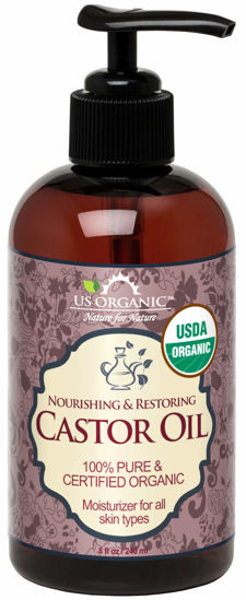 Picture of US Organic Castor Oil, USDA Certified Organic,Expeller Pressed, Hexane Free, 100% Pure & Natural moisturizing and emollient properties, For Skin, Hair Care, Eyelashes, DIY projects (8 oz (240 ml))