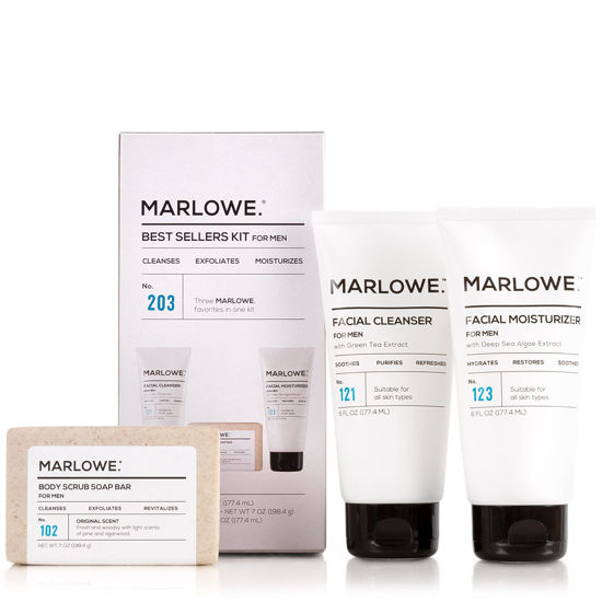 Picture of MARLOWE. Best Sellers Kit | No. 203 | Features Signature Body Scrub Soap Bar, Men's Facial Cleanser & Facial Moisturizer | Great Gift for Men