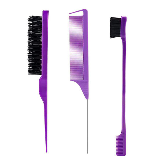 Picture of 3 Pieces Hair Styling Comb Set Teasing Hair Brush Rat Tail Comb Edge Brush for Edge&Back Brushing, Combing, Slicking Hair for Women (Purple)