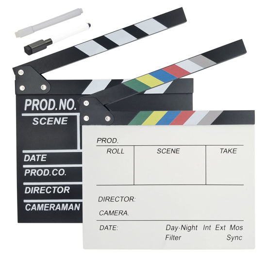 Picture of LSYRIA 2 pcs Film Directors Clapboard 12"x11" Hollywood Clapper Board Wooden Film Movie Clapboard, Come with 2 pcs Erasable Pen, Use Wet Towel to Erase Handwriting