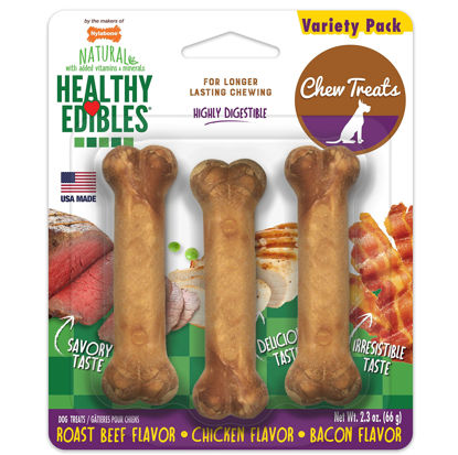 Picture of Nylabone Healthy Edibles Long-Lasting Dog Treat Variety Pack - Natural Dog Treats for Small Dogs - Dog Products - Roast Beef, Chicken, and Bacon Flavors, X-Small/Petite (3 Count)