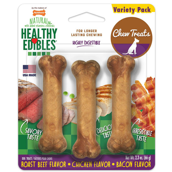 Picture of Nylabone Healthy Edibles Long-Lasting Dog Treat Variety Pack - Natural Dog Treats for Small Dogs - Dog Products - Roast Beef, Chicken, and Bacon Flavors, X-Small/Petite (3 Count)