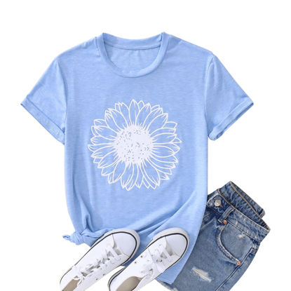 Picture of GLIGLITTR Women's Summer Sunflower T Shirt Cute Flower Graphic Loose Tees Crew Neck Short Sleeve Casual Tops (Light Blue, Small)