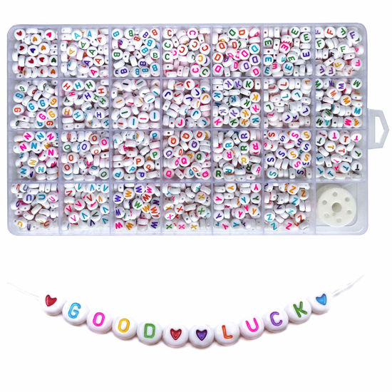 Amaney 1400 Pieces 4x7mm White Round Acrylic Alphabet Letter Beads A-Z  Heart Pattern Beads and Crystal Line for Jewelry Making Bracelets Necklaces  Key Chains White&Heart 7x4mm