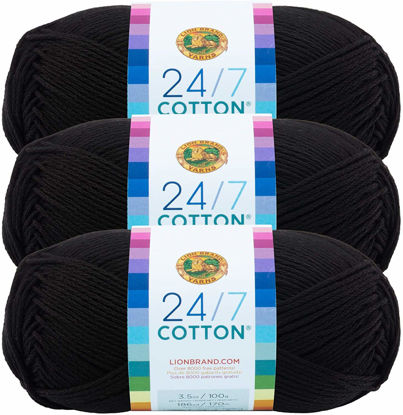 Picture of Lion Brand 24/7 Cotton Yarn, Yarn for Knitting, Crocheting, and Crafts, Black, 3 Pack