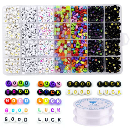 Picture of Amaney 1400 Pieces 7 Colors 4x7mm Round Acrylic Alphabet Letter Beads A-Z Mixed and Crystal Line for Jewelry Making