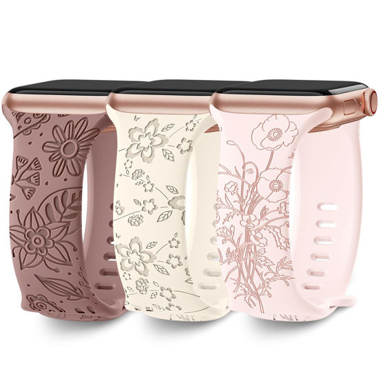 Picture of 3 Pack Floral Engraved Bands Compatible with Apple Watch Band 40mm 41mm 38mm 42mm 44mm 45mm 49mm Women,Soft Silicone Cute Wildflowers Sport Laser Strap for iWatch Bands Series Ultra SE 8 6 5 4 3 2 1