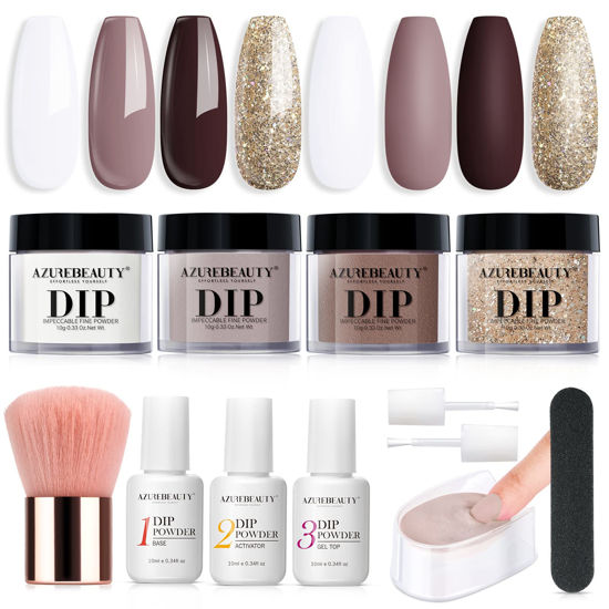 Picture of AZUREBEAUTY Dip Powder Nail Starter Kit White Mauve Glitter Champagne, Dipping Powder 4 Colors All Seasons Portable Set, French Nail Art Base&Top Coat Activator Essential Liquid Manicure DIY Salon 12 PCS