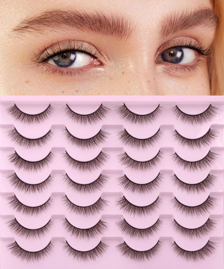 Picture of Natural Lashes 10mm Wispy False Eyelashes Natural Look Faux Mink Wispies Eyelashes Fluffy Strip Lashes Pack by Kiromiro