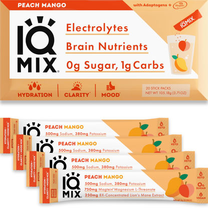 Picture of IQMIX Sugar Free Electrolytes Powder Packets - Hydration Supplement Drink Mix with Keto Electrolytes, Lions Mane, Magnesium L-Threonate, and Potassium Citrate - Peach Mango (20 Count)