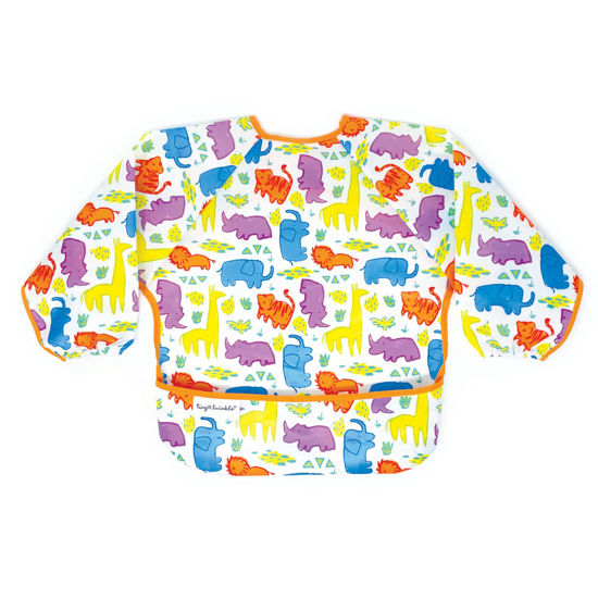 Picture of Tiny Twinkle Mess Proof Baby Bib, Cute Full Sleeve Bib Outfit, Waterproof Bibs for Toddlers, Machine Washable, Tug Proof Closure, Baby Smock for Eating, Long Sleeved (Bright Safari, Large 2-4 Years)