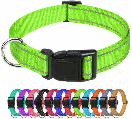 Picture of TagME Reflective Nylon Dog Collars, Adjustable Classic Dog Collar with Quick Release Buckle for Medium Dogs, Green, 1.0" Width