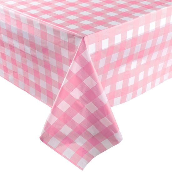 Picture of ZIMPLEWARE Pink Checkered Gingham Standard Disposable Plastic Party Tablecloth [12-Pack] 54 x 108” Rectangle Table Cover for Indoor & Outdoor Use