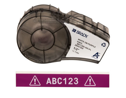 Picture of Brady Authentic (M21-500-595-PL) All-Weather Vinyl Label for Indoor/Outdoor ID, Lab and Equipment Labeling, White on Purple- ForM210, M210-LAB, M211, BMP21-PLUS and BMP21-LAB Printers, .5" W, 21' L