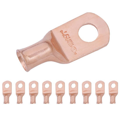 Picture of SELTERM 10pcs 6 AWG - 1/4" Stud (Wide Pad) - Battery Lugs, Heavy Duty Wire Lugs, Ring Terminals, Battery Cable Ends,6 Gauge Terminals, UL Bare Copper Eyelets Electrical Battery Terminal Connectors