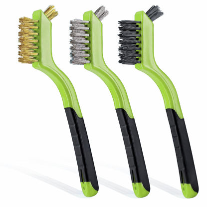 Picture of Lavaxon Wire Brush Set 3Pcs - Nylon/Brass/Stainless Steel Bristles with Curved Handle Grip for Rust, Dirt & Paint Scrubbing with Deep Cleaning - 7 Inches (Green)