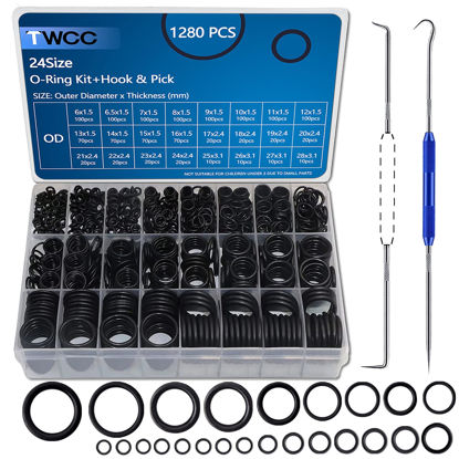 Picture of TWCC 1280 Pcs 24 Size Rubber O-Ring Assortment Kit with Pick and Hook Set for Pressure Washer Faucet Plumbing OD 6mm-28mm