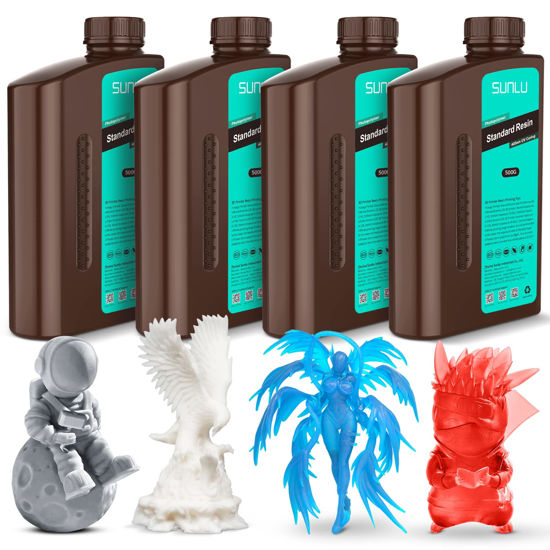 Picture of SUNLU 3D Printer Resin Bundle Multicolor, Rapid Curing Standard 3D Printing Photopolymer Resin, 395 to 405nm UV Curing, 2kg in Total, 0.5kg per Bottle, 4 Pack, Light Grey+White+Clear Blue+Clear Red