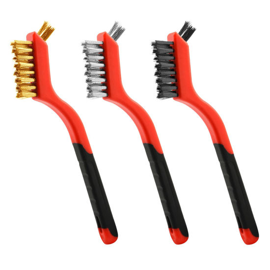 Picture of Wire Brush Set, 3 Pcs Stainless Steel/Brass/Nylon Wire Brushes for Cleaning with Curved Handle Grip for Rust Removal, Dirt, Paint Scrubbing(Red)