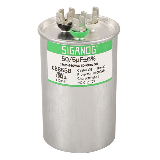 Picture of SIGANDG 50+5 MFD 50/5 uF 370 or 440 Volt CBB65B Capacitor for AC Motor Run，Condenser Straight Cool，Heat Pump， Air Conditioner，HVAC Capacitor