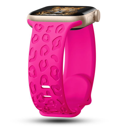 Picture of CreateGreat Engraved Bands Compatible with Apple Watch Band 45mm 44mm 42mm, Leopard Carve Pattern Soft Silicone Strap Compatible with iWatch Series 8 7 6 5 4 3 2 1 SE, Women Men,Leopard-Hot Pink