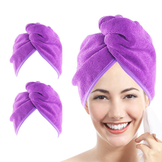 Picture of YoulerTex Microfiber Hair Towel Wrap for Women, 2 Pack 10 inch X 26 inch, Super Absorbent, Quick Dry Hair Turban for Drying Curly, Long & Thick Hair (Purple)