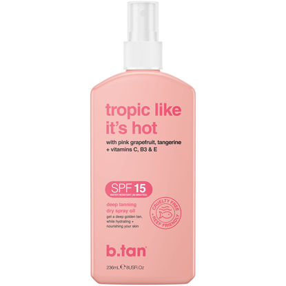 Picture of b.tan SPF 15 Deep Dry Spray Tanning Oil | Tropic Like It's Hot - Get a Tropic Glow, Keeps Skin Hydrated, Loved Up & Hot from Grapefruit, Tangerine, Vitamins C, B5, E, A + Touch of Self Tan, Vegan, Cruelty Free 8 Fl Oz