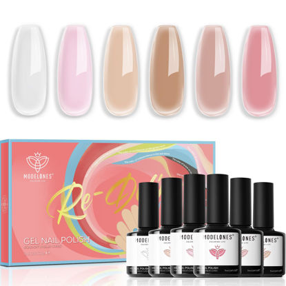 Picture of modelones Gel Nail Polish 6 Colors Transparent Jelly Milky White Sheer Pink Neutral Nude Gel Polish Nail Kit Soak off U V Light Nail Polish French Nail Art Manicure DIY Salon Home for Women Girls