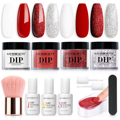 Picture of AZUREBEAUTY Dip Powder Nail Starter Kit Red White Silver Glitter, 4 Colors Dipping Powder Set, French Nail Art Base&Top Coat Activator Essential Liquid Manicure No Lamp Needed