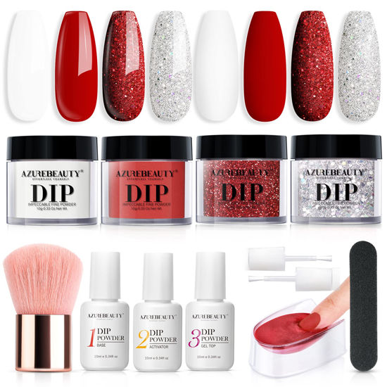 Picture of AZUREBEAUTY Dip Powder Nail Starter Kit Red White Silver Glitter, 4 Colors Dipping Powder Set, French Nail Art Base&Top Coat Activator Essential Liquid Manicure No Lamp Needed