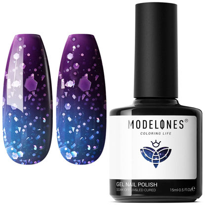 Picture of Modelones Color Changing Gel Nail Polish, 1Pcs 15ML Purple Blue Purple Glitter Mood Temperature Change Gel Polish Set Soak Off Nail Polish Gel DIY Home Salon LED Nail Art Manicure Gifts for Women Girl