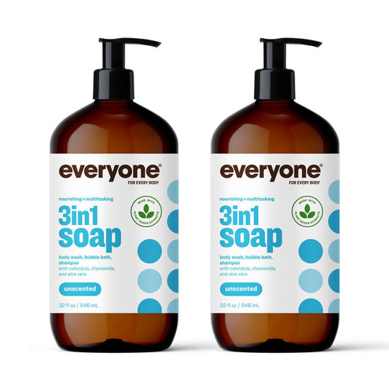 Picture of Everyone 3-in-1 Soap, Body Wash, Bubble Bath, Shampoo, 32 Fl Oz (Pack of 2), Unscented, Coconut Cleanser with Plant Extracts and Pure Essential Oils