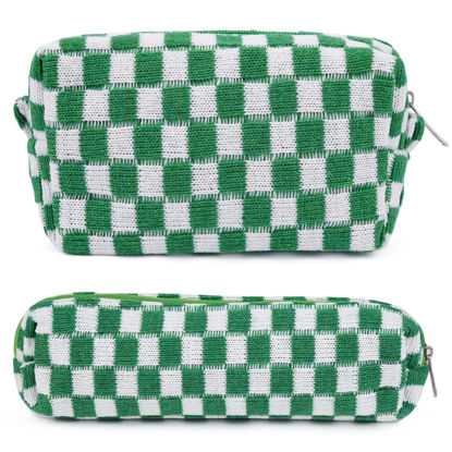 Picture of SOIDRAM Makeup Bag Checkered Cosmetic Bag Green Makeup Pouch 1Pcs Large Capacity Makeup Bags and 1Pcs Makeup Brushes Storage Bag Travel Toiletry Bag Organizer