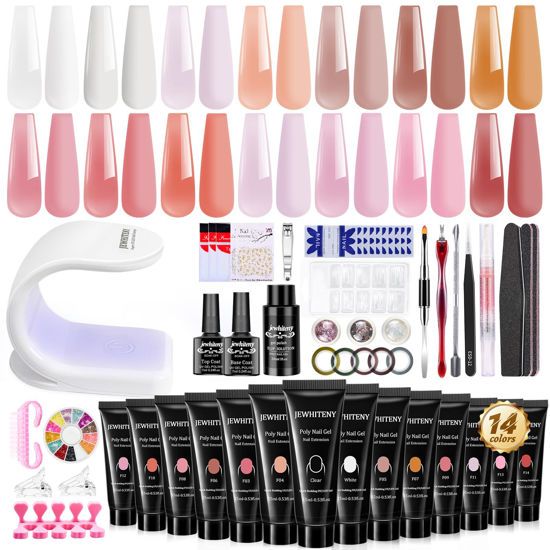 Picture of JEWHITENY 14PCS Poly Extension Gel Kit With Nail Light Nude Pink Clear Brown Poly Nail gel Kit With Base Top Coat All In One Starter Kit DIY Manicure at Home Beauty Gifts