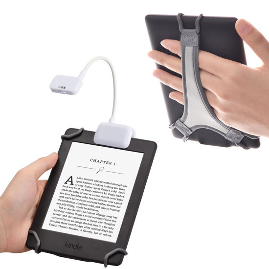 Picture of TFY Clip-on LED Reading Light with 2 Levels of Lumen Intensity for Kindle, Other e-Readers, Tablets, Books Plus Bonus Hand Strap Holder for 6 inch Kindle e-Readers - White